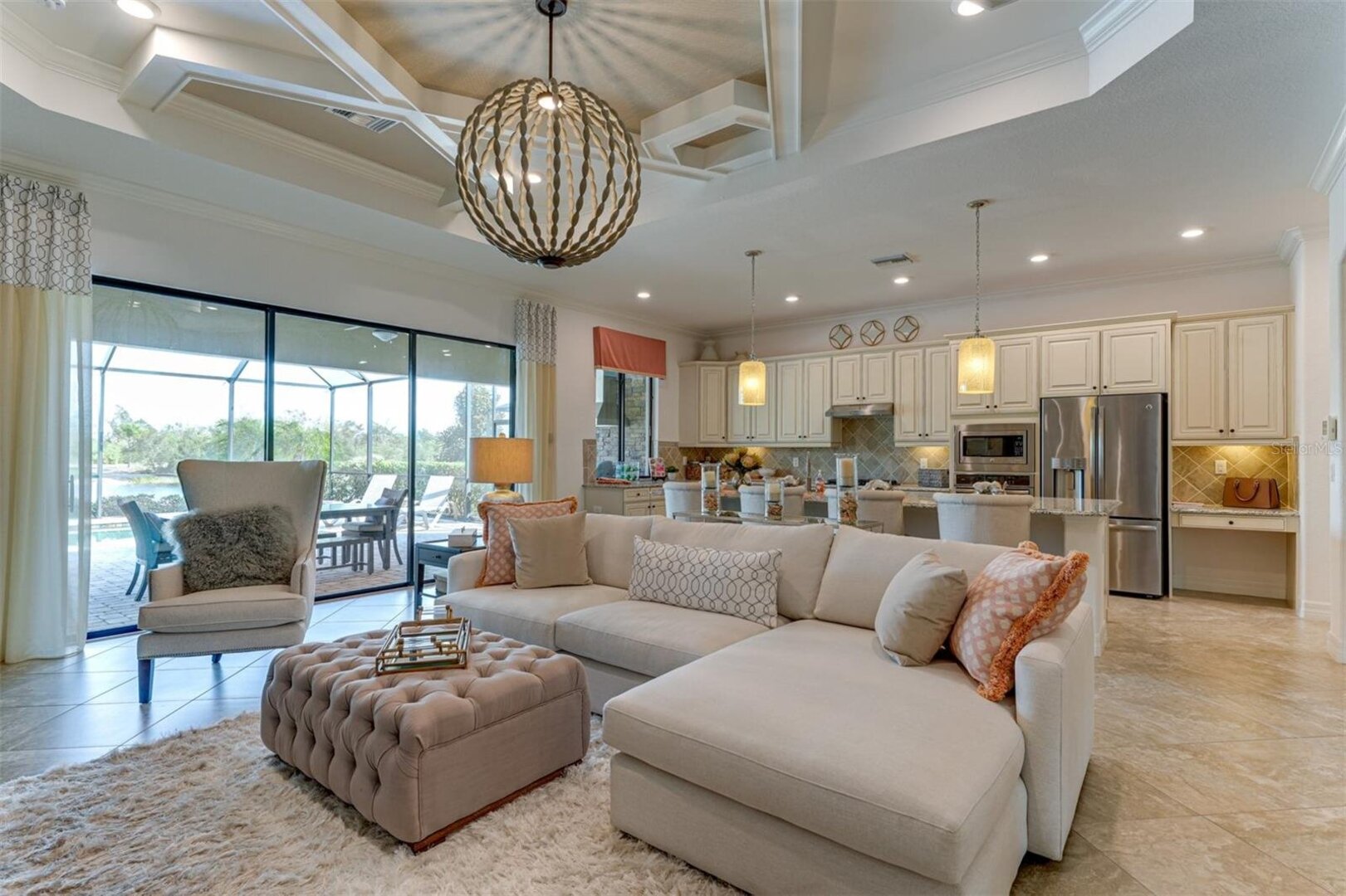 Family room with view of kitchen